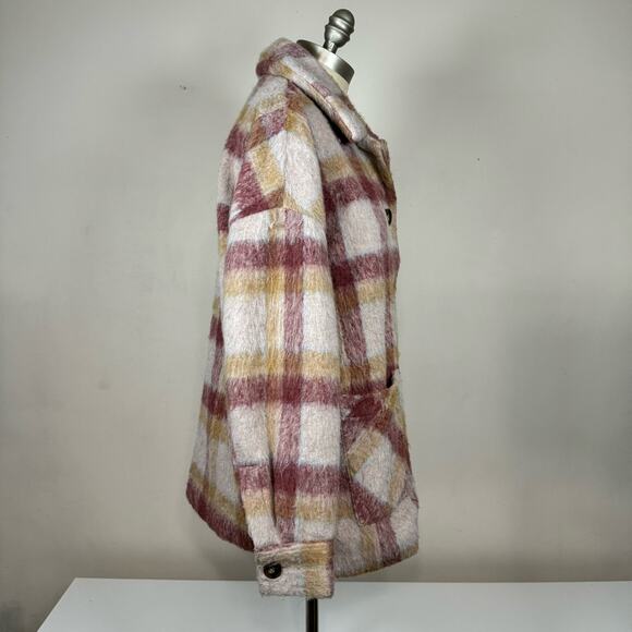 Cyrus Brushed Plaid Button Jacket Shacket Camel Burgundy Statement Maker Women M - Picture 4 of 8